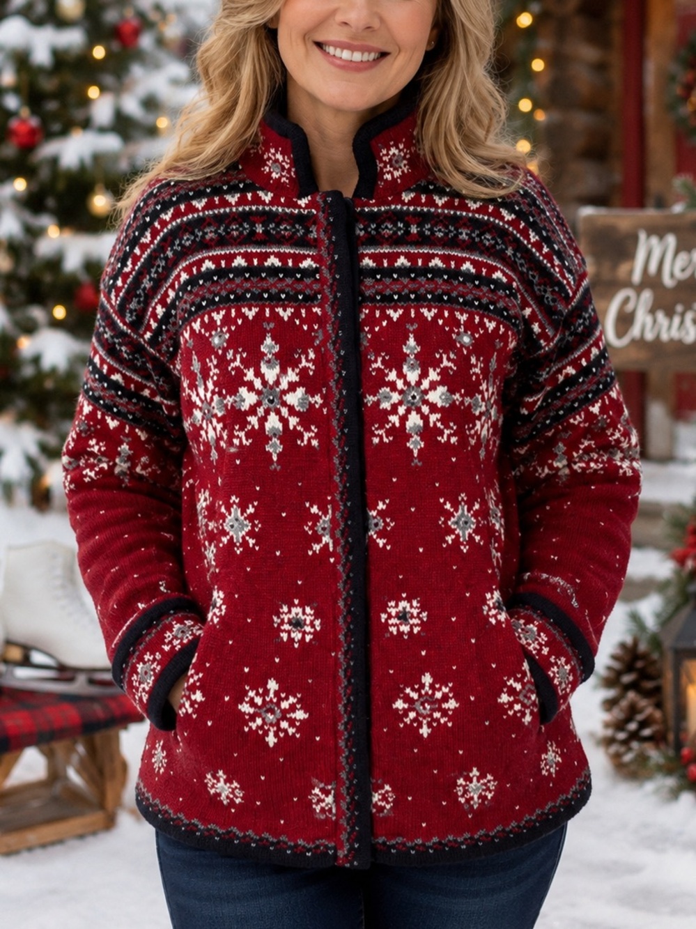 Icelandic Vintage Y2K Ski Sweater Sz M Fair Isle Nordic Wool Blend Zip Cardigan